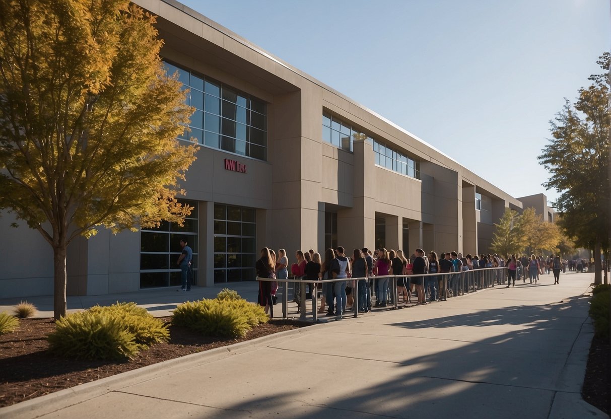 A line of eager students waits outside the WWE training center, ready to enroll. The cost information is displayed on a sign near the entrance